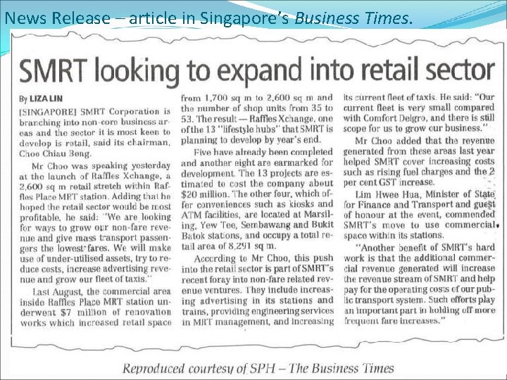 News Release – article in Singapore’s Business Times. 