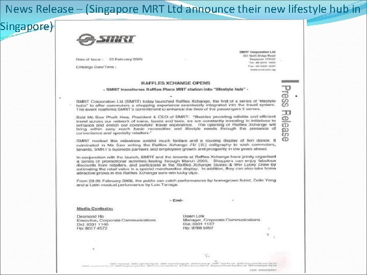 News Release – (Singapore MRT Ltd announce their new lifestyle hub in Singapore) 