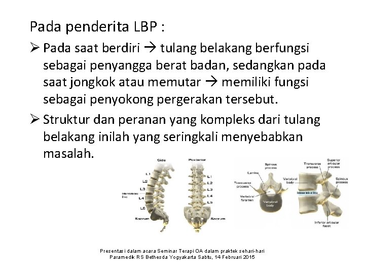 Pada penderita LBP : Ø Pada saat berdiri tulang belakang berfungsi sebagai penyangga berat