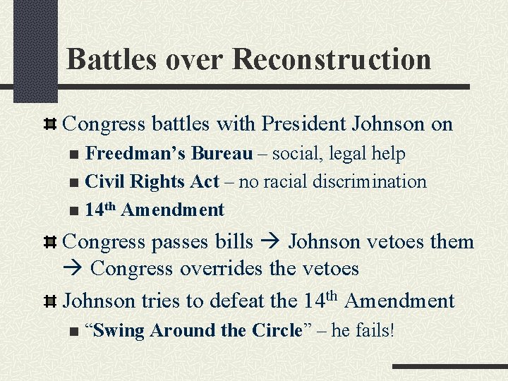 Battles over Reconstruction Congress battles with President Johnson on Freedman’s Bureau – social, legal