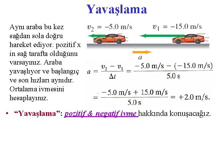 Yavaşlama Aynı araba bu kez sağdan sola doğru hareket ediyor. pozitif x in sağ