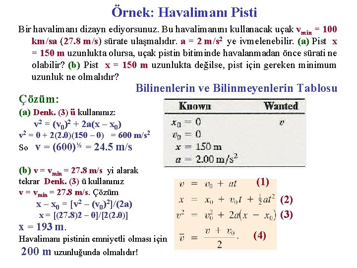 Örnek: Havalimanı Pisti Bir havalimanı dizayn ediyorsunuz. Bu havalimanını kullanacak uçak vmin = 100