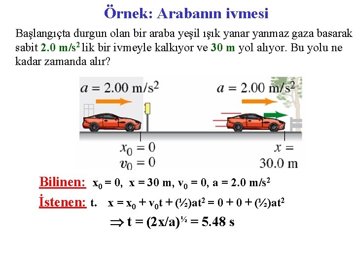 Örnek: Arabanın ivmesi Başlangıçta durgun olan bir araba yeşil ışık yanar yanmaz gaza basarak