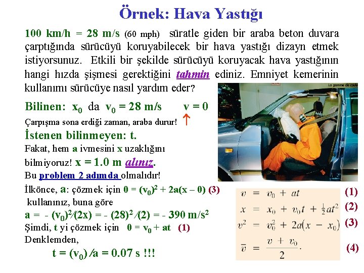 Örnek: Hava Yastığı 100 km/h = 28 m/s (60 mph) süratle giden bir araba