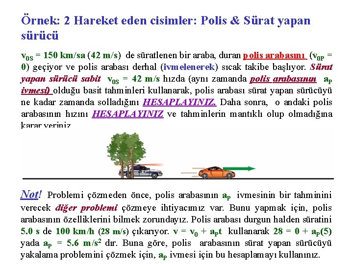 Örnek: 2 Hareket eden cisimler: Polis & Sürat yapan sürücü v 0 S =