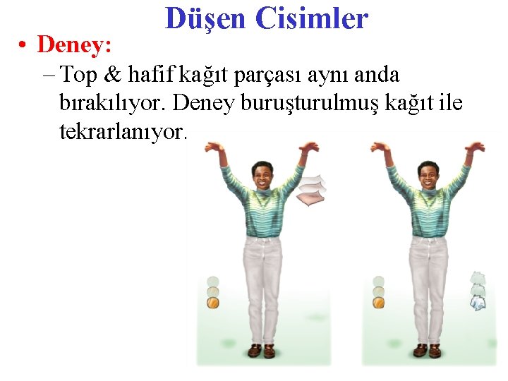  • Deney: Düşen Cisimler – Top & hafif kağıt parçası aynı anda bırakılıyor.