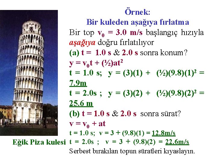 Örnek: Bir kuleden aşağıya fırlatma Bir top v 0 = 3. 0 m/s başlangıç