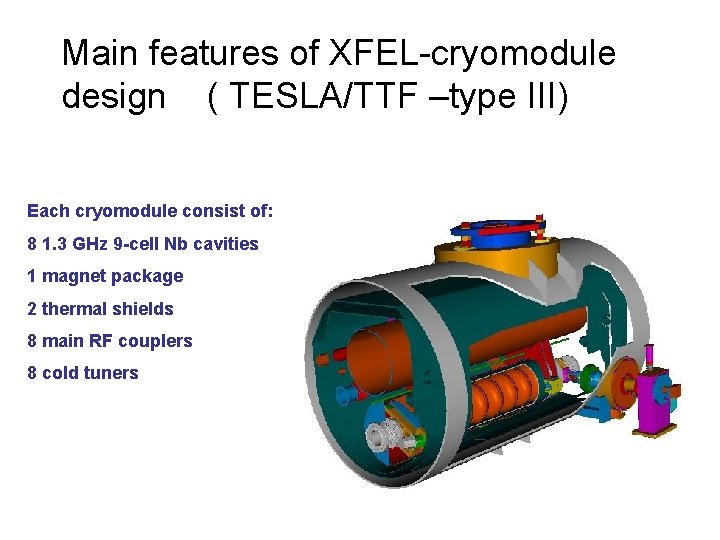 Main features of XFEL-cryomodule design ( TESLA/TTF –type III) Each cryomodule consist of: 8