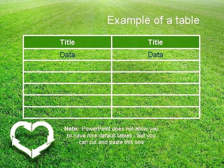 Example of a table Title Data Note: Power. Point does not allow you to