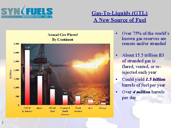 Gas-To-Liquids (GTL) A New Source of Fuel • Over 75% of the world’s known