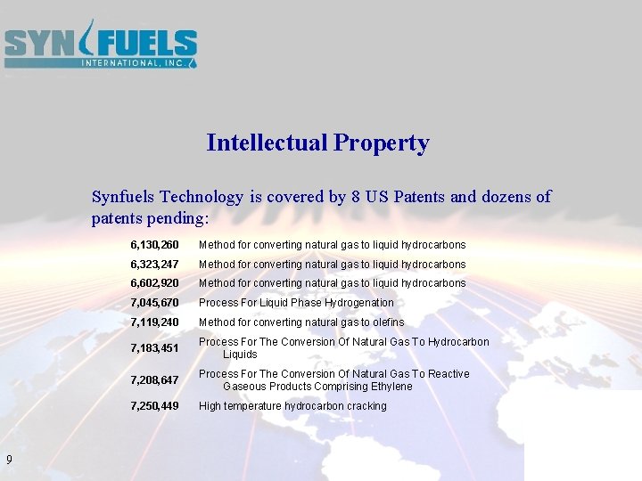 Intellectual Property Synfuels Technology is covered by 8 US Patents and dozens of patents