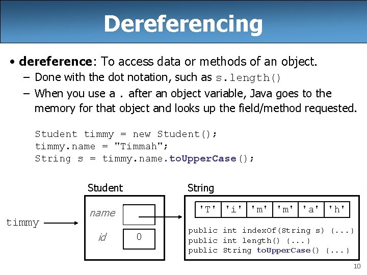 Dereferencing • dereference: To access data or methods of an object. – Done with