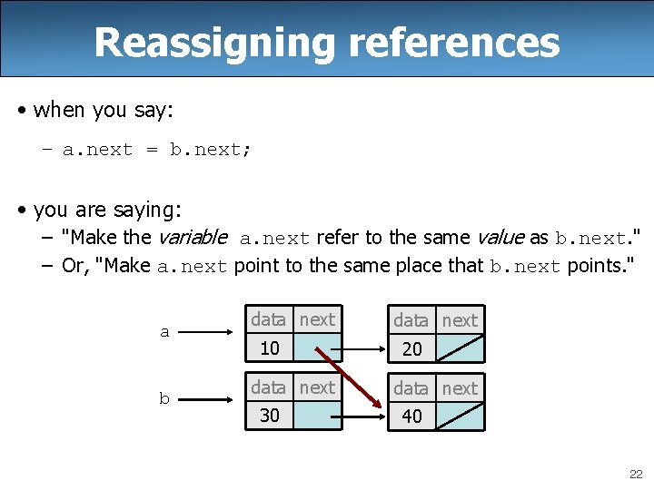 Reassigning references • when you say: – a. next = b. next; • you
