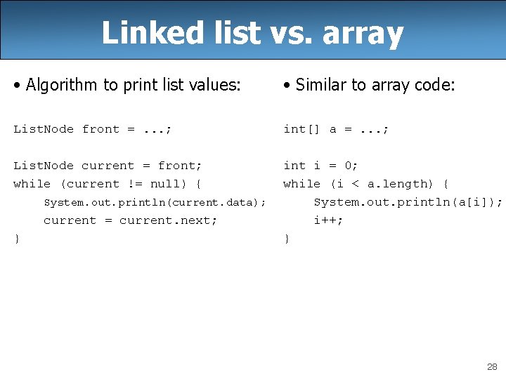 Linked list vs. array • Algorithm to print list values: • Similar to array