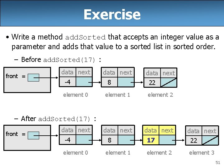 Exercise • Write a method add. Sorted that accepts an integer value as a