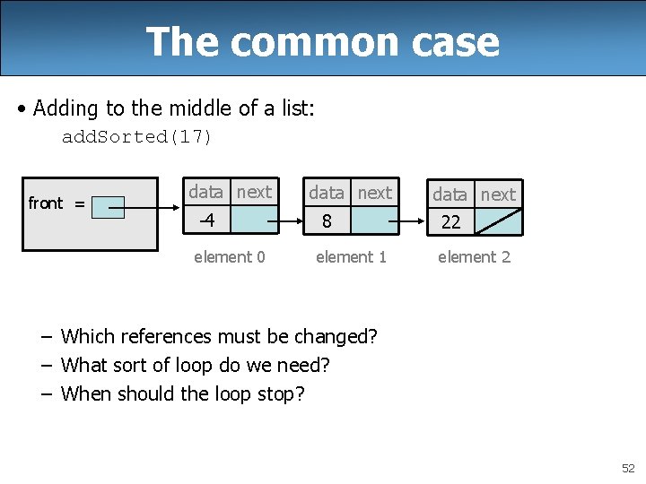 The common case • Adding to the middle of a list: add. Sorted(17) front