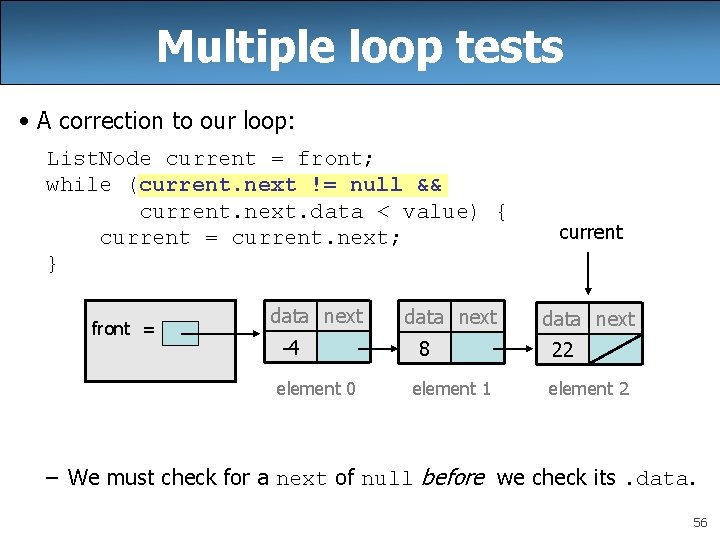 Multiple loop tests • A correction to our loop: List. Node current = front;