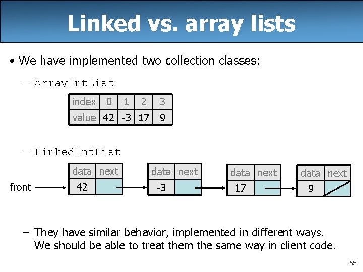 Linked vs. array lists • We have implemented two collection classes: – Array. Int.