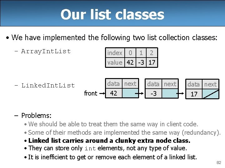 Our list classes • We have implemented the following two list collection classes: –