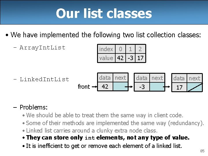Our list classes • We have implemented the following two list collection classes: –