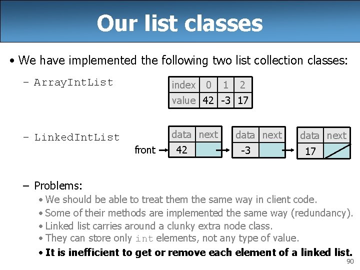 Our list classes • We have implemented the following two list collection classes: –