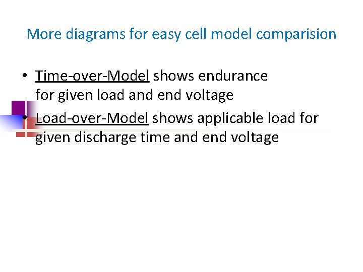 More diagrams for easy cell model comparision • Time-over-Model shows endurance for given load