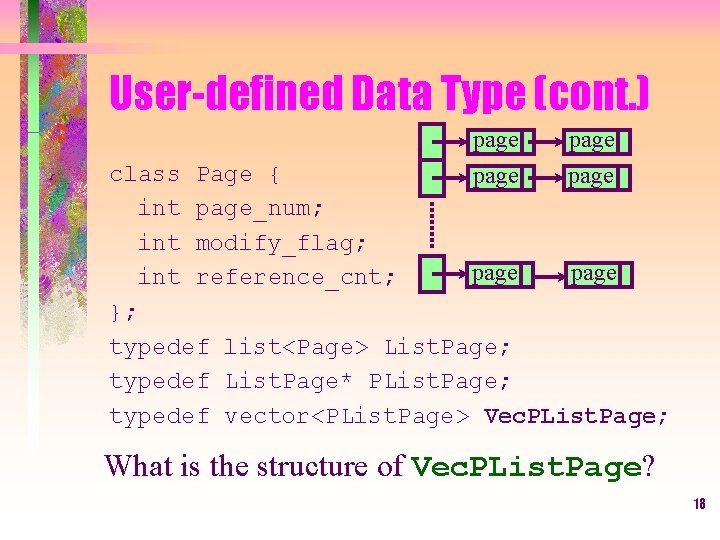 User-defined Data Type (cont. ) page class Page { page int page_num; int modify_flag;