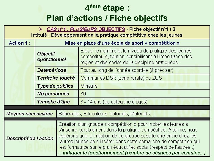 4ème étape : Plan d’actions / Fiche objectifs Ø CAS n° 1 : PLUSIEURS
