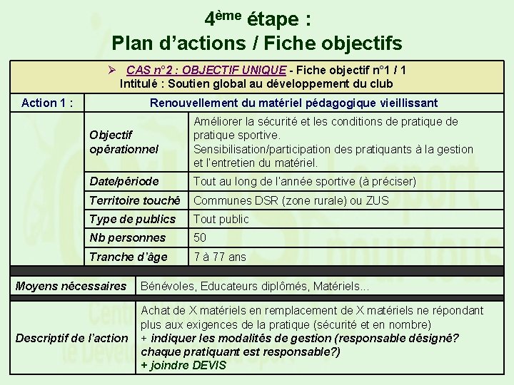 4ème étape : Plan d’actions / Fiche objectifs Ø CAS n° 2 : OBJECTIF