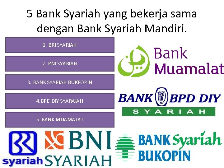 5 Bank Syariah yang bekerja sama dengan Bank Syariah Mandiri. 1. BRI SYARIAH 2.