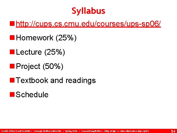Syllabus n http: //cups. cmu. edu/courses/ups-sp 06/ n Homework (25%) n Lecture (25%) n