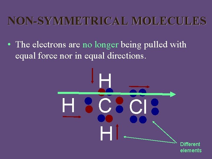 NON-SYMMETRICAL MOLECULES • The electrons are no longer being pulled with equal force nor