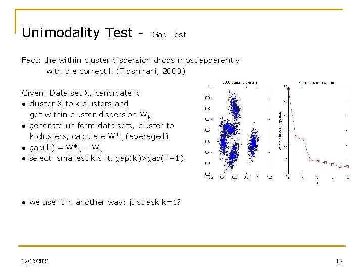 Unimodality Test - Gap Test Fact: the within cluster dispersion drops most apparently with