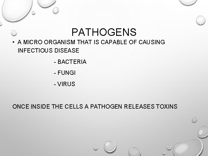 PATHOGENS • A MICRO ORGANISM THAT IS CAPABLE OF CAUSING INFECTIOUS DISEASE - BACTERIA