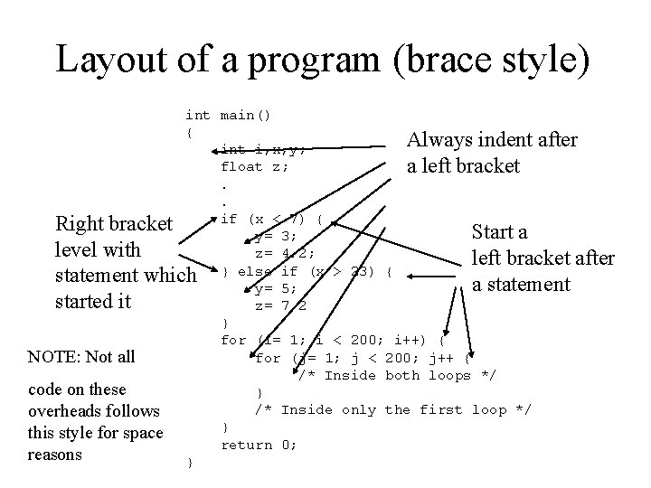 Layout of a program (brace style) int main() { Always indent after int i,