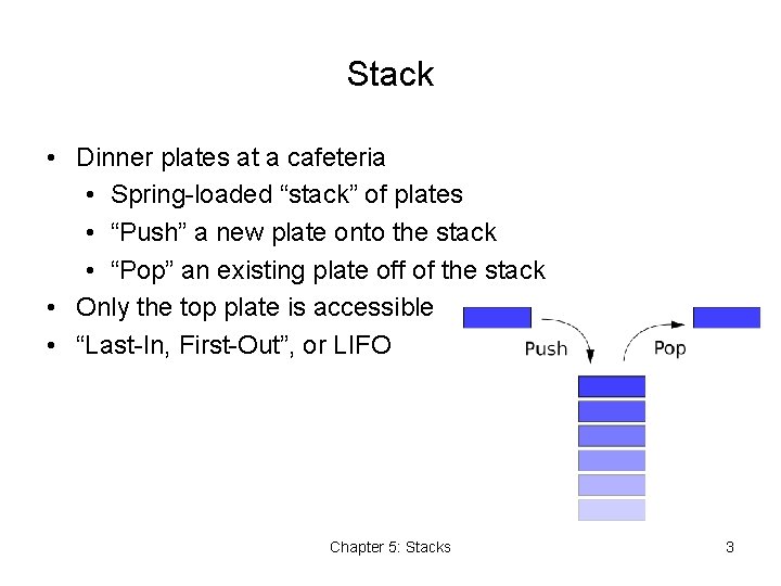Stack • Dinner plates at a cafeteria • Spring-loaded “stack” of plates • “Push”