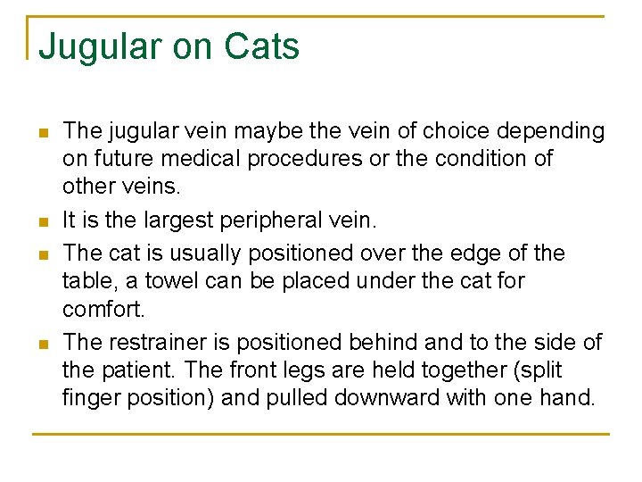 Jugular on Cats n n The jugular vein maybe the vein of choice depending