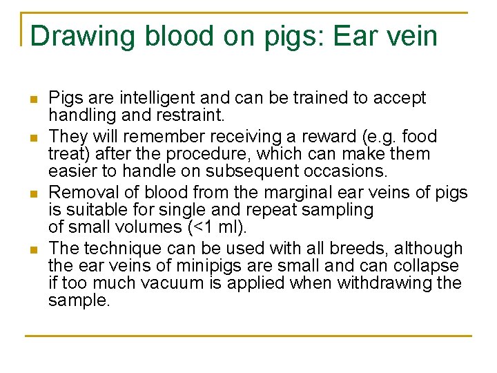 Drawing blood on pigs: Ear vein n n Pigs are intelligent and can be
