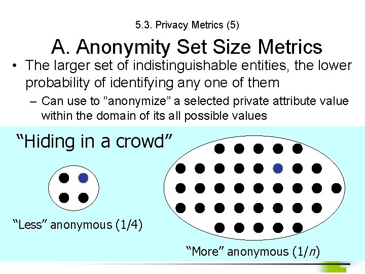 5. 3. Privacy Metrics (5) A. Anonymity Set Size Metrics • The larger set