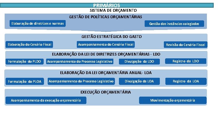 PRIMÁRIOS SISTEMA DE ORÇAMENTO GESTÃO DE POLÍTICAS ORÇAMENTÁRIAS Elaboração de diretrizes e normas Gestão