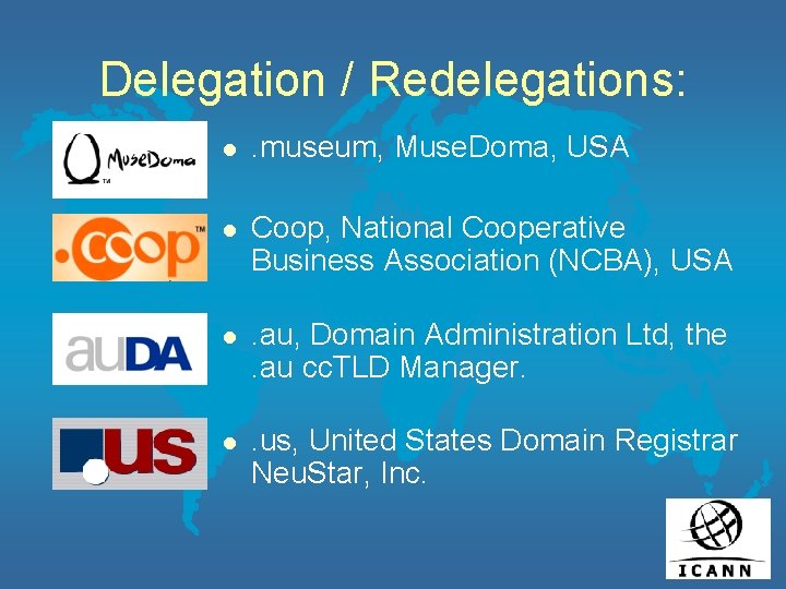 Delegation / Redelegations: l . museum, Muse. Doma, USA l Coop, National Cooperative Business