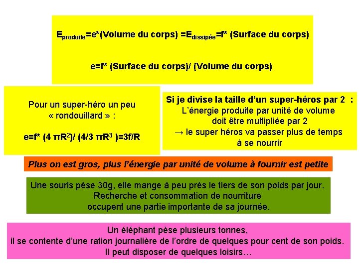 Eproduite=e*(Volume du corps) =Edissipée=f* (Surface du corps)/ (Volume du corps) Pour un super-héro un