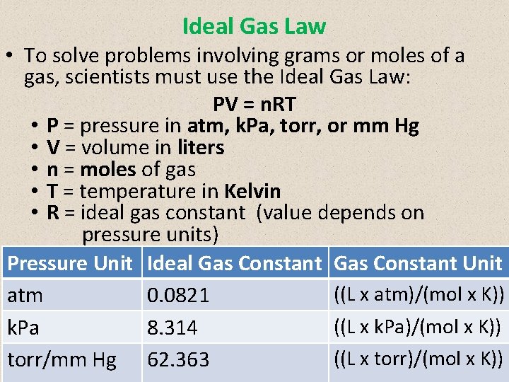 Ideal Gas Law • To solve problems involving grams or moles of a gas,