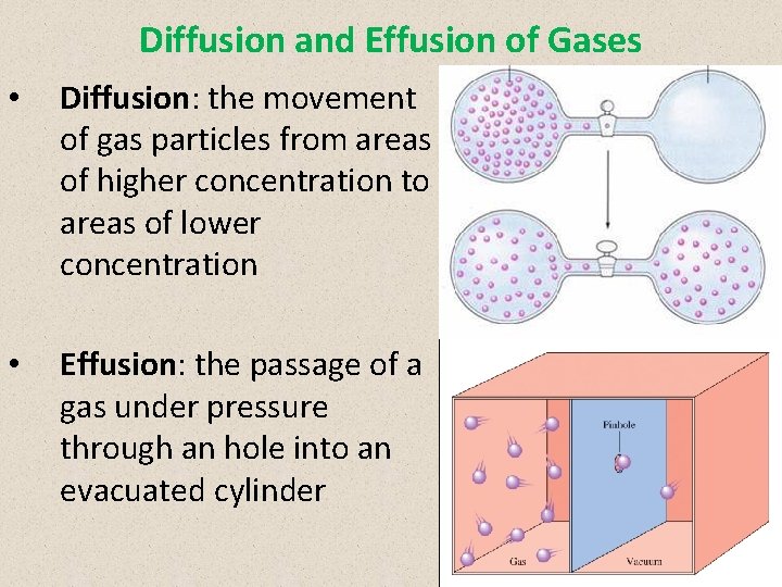 Diffusion and Effusion of Gases • Diffusion: the movement of gas particles from areas