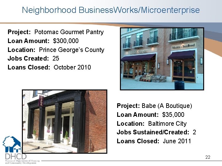 Neighborhood Business. Works/Microenterprise Project: Potomac Gourmet Pantry Loan Amount: $300, 000 Location: Prince George’s