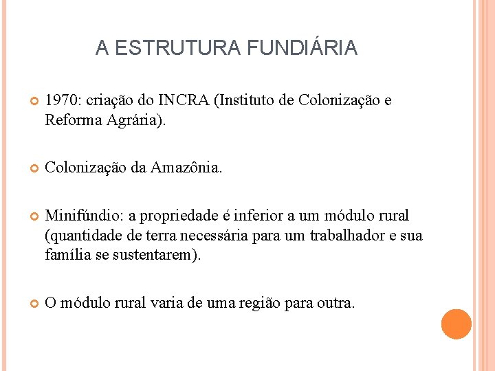 A ESTRUTURA FUNDIÁRIA 1970: criação do INCRA (Instituto de Colonização e Reforma Agrária). Colonização