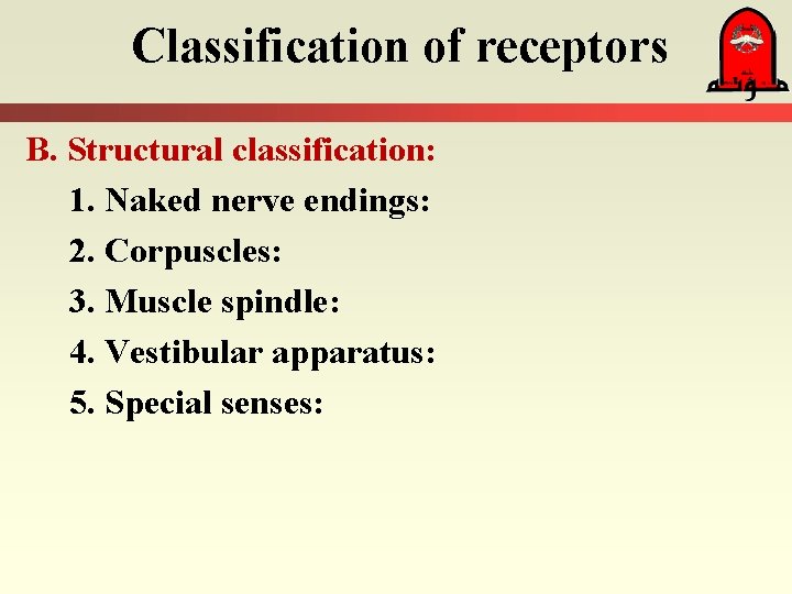 Classification of receptors B. Structural classification: 1. Naked nerve endings: 2. Corpuscles: 3. Muscle