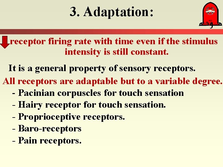 3. Adaptation: receptor firing rate with time even if the stimulus intensity is still