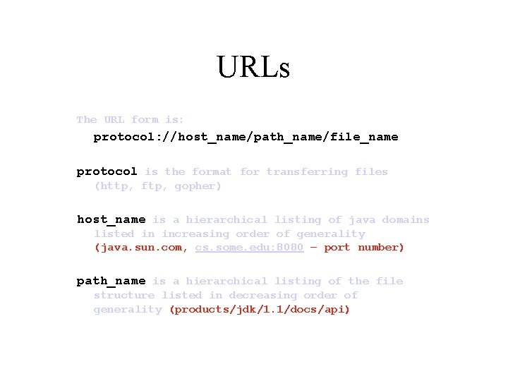 URLs The URL form is: protocol: //host_name/path_name/file_name protocol is the format for transferring files