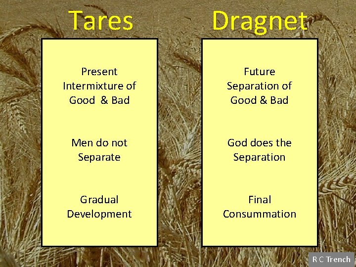 Tares Dragnet Present Intermixture of Good & Bad Future Separation of Good & Bad